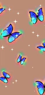 Neon blue butterflies on a tan background mobile wallpaper.