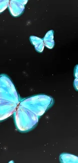 Neon blue butterflies on black background wallpaper.