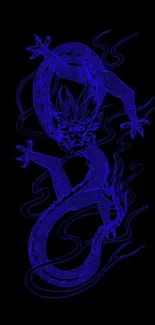 Neon blue dragon on black background mobile wallpaper.