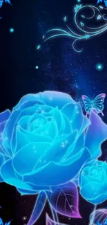 Neon blue floral wallpaper with glowing roses and butterflies.