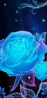 Neon blue rose with butterfly on cosmic background.