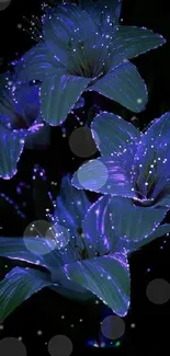 Vibrant neon blue floral wallpaper with glowing flowers.