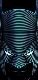 Neon blue superhero face on dark background.