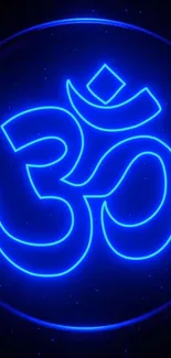 Neon blue Om symbol on a dark background.