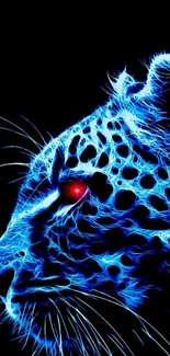 Neon blue leopard with glowing red eyes on black background.