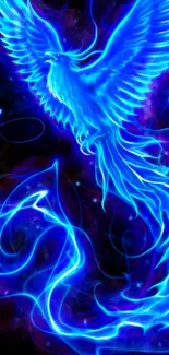 Neon blue phoenix with glowing flames on a dark background.