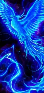 Vibrant neon blue phoenix with fiery tail design.