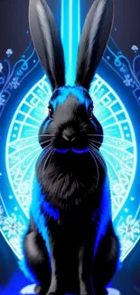 Neon blue rabbit with floral patterns on a dark background.