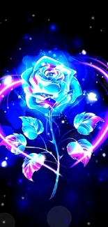 Neon blue rose with glowing leaves and abstract background.