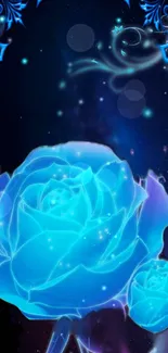 Neon blue rose fantasy art with glowing elements.