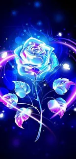 Neon blue rose with glowing petals on a dark background.