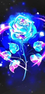 Vibrant neon blue rose with glowing petals on a dark background.