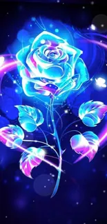 Neon blue rose with glowing leaves on dark background.