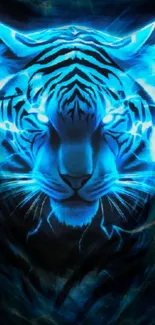 Neon blue tiger glowing in dark vibrant phone wallpaper.