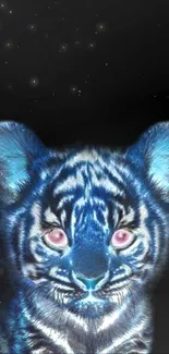 Neon blue tiger cub with cosmic background.