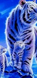 Neon blue glowing tiger family in a digital art style.