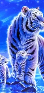 Neon blue art of a tiger family with vibrant hues.