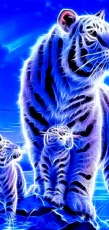 Neon blue digital artwork of a tiger family under a night sky.