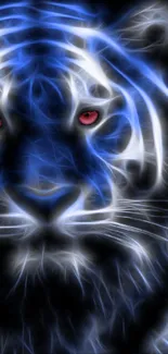 Neon blue tiger glowing on a black background, perfect for mobile wallpaper.