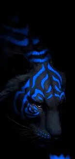 Neon blue tiger on dark mobile wallpaper with striking lighting effects.