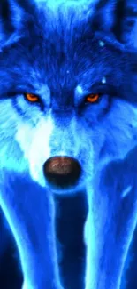 Neon blue glowing wolf with piercing eyes on mobile wallpaper.