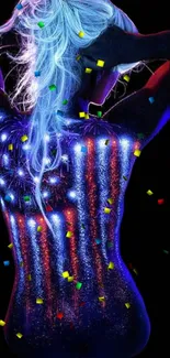 Neon body art with colorful confetti background