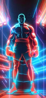 Neon-themed wallpaper with a boxer illuminated by vibrant red and blue lights.