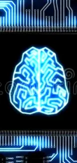 Neon blue brain on a circuit board wallpaper.