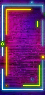 Vibrant neon geometric wallpaper with glowing colors on a brick wall.