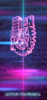 Neon pink IPN emblem on dark brick background.