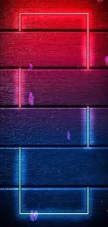 Neon rectangles on a dark brick wall background.