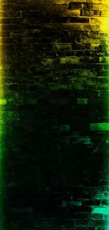 Neon-lit brick wall with green and yellow gradient for phone wallpaper.