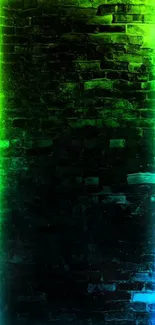 A neon-lit brick wall with green and blue hues.