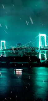 Neon-lit bridge with rain at night, creating a vibrant urban scene.