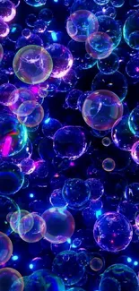 Colorful neon bubbles on a dark background.