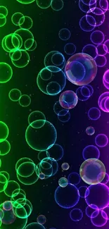 Mobile wallpaper with neon green and purple glowing bubbles on a dark background.