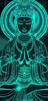 Neon Buddha meditation art with teal glow.