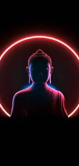 Neon Buddha silhouette against dark backdrop.