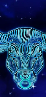 Neon bullhead illustration with a cosmic blue background for mobile wallpaper.