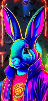 Colorful neon bunny in cyberpunk style.