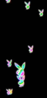 Neon glow bunny pattern on a black background wallpaper.