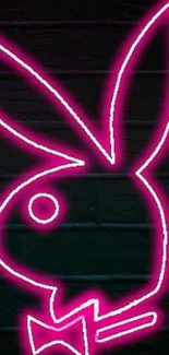 Vibrant neon pink bunny silhouette on dark brick wallpaper.