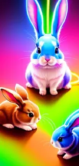 Vibrant neon bunnies on colorful background.