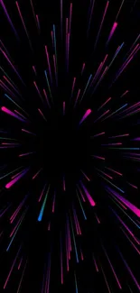 Neon burst abstract mobile wallpaper with vibrant pink and blue streaks on black.