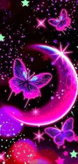 Neon pink butterflies and crescent moon wallpaper with stars and glowing effects.