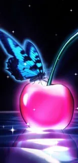 Neon butterfly perched on a glowing cherry with black background.