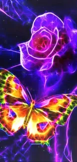 Bright neon butterfly and rose in vibrant colors create a captivating wallpaper.