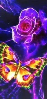 Vibrant neon art of a butterfly and rose glowing in the dark.