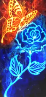 Neon butterfly and rose with vibrant blue and orange colors on a mobile wallpaper.