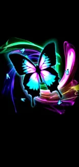 Neon butterfly on dark background with vibrant colors.